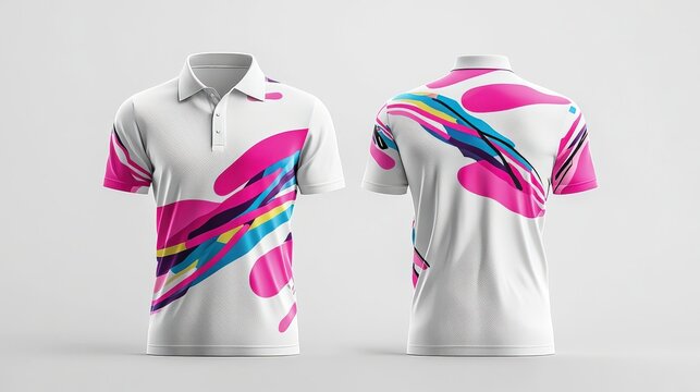 3D mockup of a white sport polo shirt displayed from front and back perspectives, decorated with a creative typography layout of overlapping 