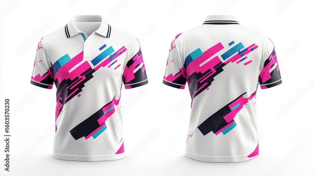 Poster 3d rendering of a white polo shirt displayed from both front and back angles, featuring a creative p