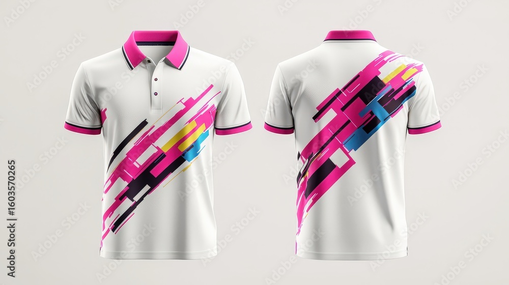 Poster 3d rendering of a white sport polo shirt displayed from front and back views, featuring a vibrant pr