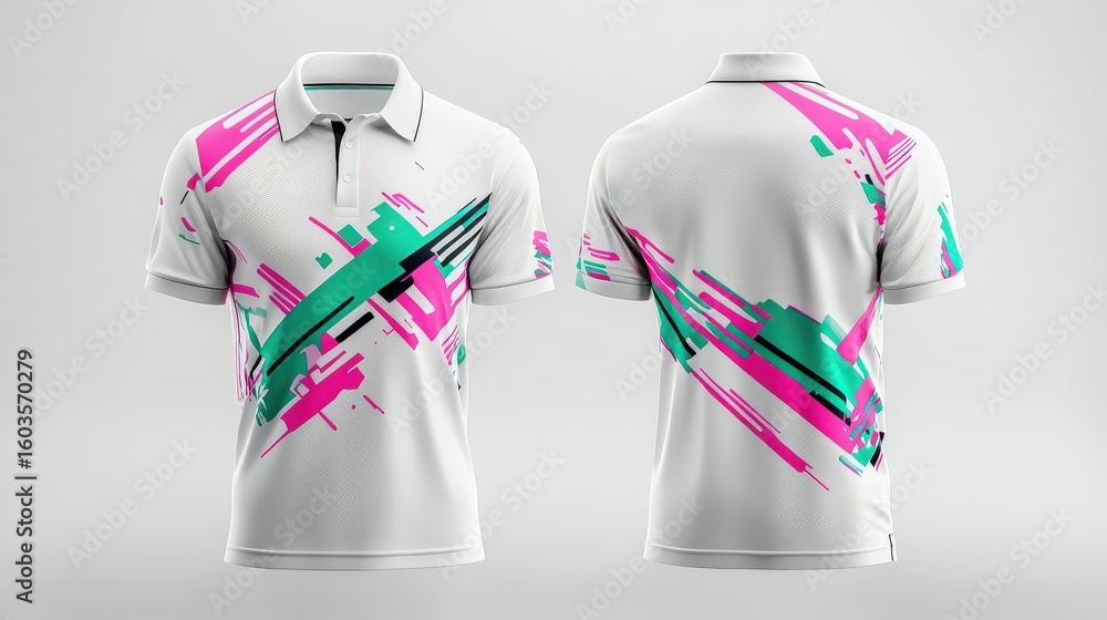 Poster 3d rendering of a white sport polo shirt displayed from front and back views, featuring a dynamic pr
