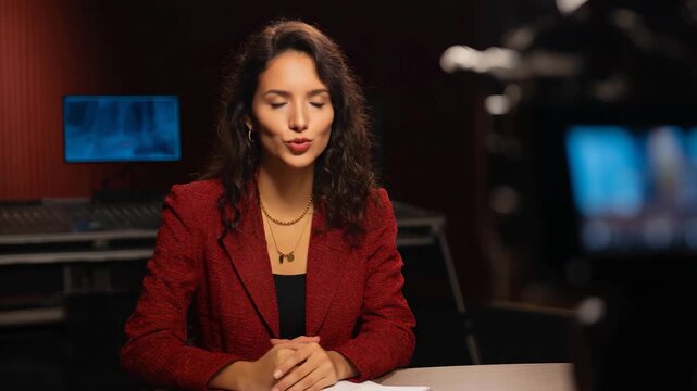 A confident female news anchor delivering news segments in a modern studio setting, showcasing professionalism and charisma. Ideal for media and journalism themes.