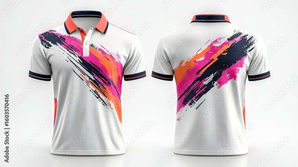 Poster 3d rendering of a white sport polo shirt displayed from front and back views, featuring a decorative