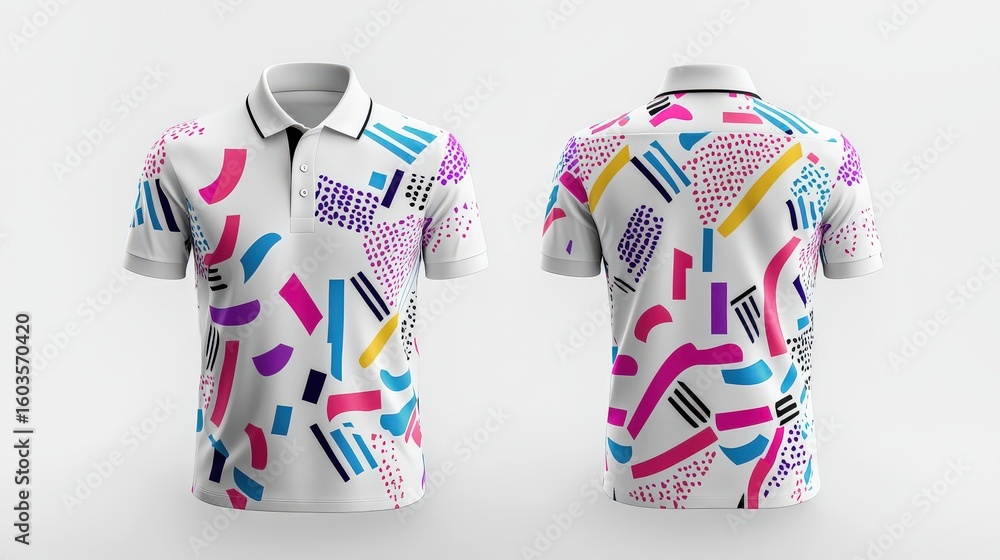 Poster 3d rendering of a white sport polo shirt displayed from front and back views, featuring a decorative