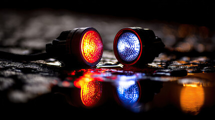 Blue and red reflections on wet pavement at night, evoking a dramatic and cinematic urban mood.