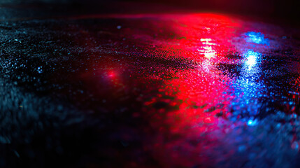 Blue and red reflections on wet pavement at night, evoking a dramatic and cinematic urban mood.