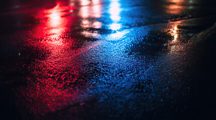 Blue and red reflections on wet pavement at night, evoking a dramatic and cinematic urban mood.