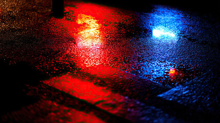 Blue and red reflections on wet pavement at night, evoking a dramatic and cinematic urban mood.