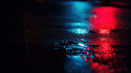 Blue and red reflections on wet pavement at night, evoking a dramatic and cinematic urban mood.