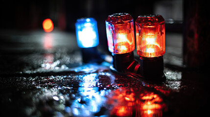 Blue and red reflections on wet pavement at night, evoking a dramatic and cinematic urban mood.
