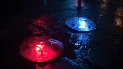 Blue and red reflections on wet pavement at night, evoking a dramatic and cinematic urban mood.