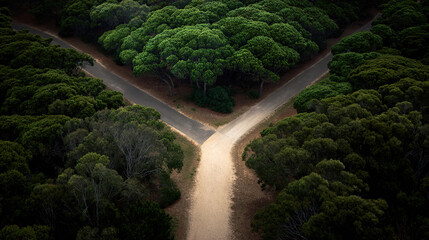 Aerial view of diverging forest paths at golden hour, symbolizing life choices and natural beauty.