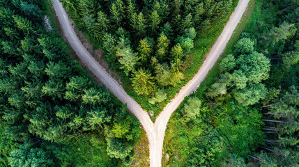 Aerial view of diverging forest paths at golden hour, symbolizing life choices and natural beauty.