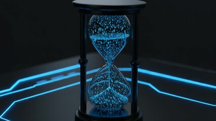 Futuristic hourglass with glowing blue particles in dark - Powered by Adobe
