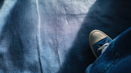 Denim fabric texture with casual footwear arranged diagonally in soft natural light.