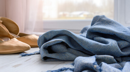 Denim fabric texture with casual footwear arranged diagonally in soft natural light.