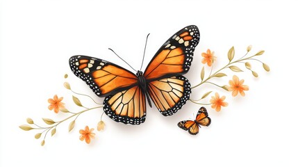 Fototapeta premium A vintage whimsical illustration of a Monarch butterfly flying with outstretched wings, rendered in intricate textile design style with delicate ornamental patterns, isolated on white background