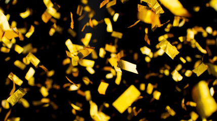 Golden confetti floating in midair against a dark backdrop, capturing a festive and lively moment.