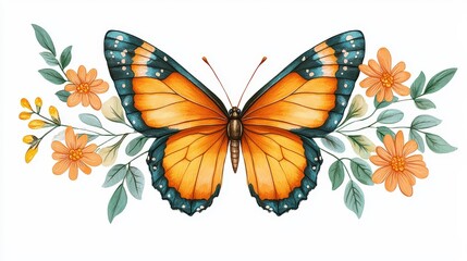 Obraz premium A vintage whimsical illustration of a Monarch butterfly flying with outstretched wings, rendered in intricate textile design style with delicate ornamental patterns, isolated on white background
