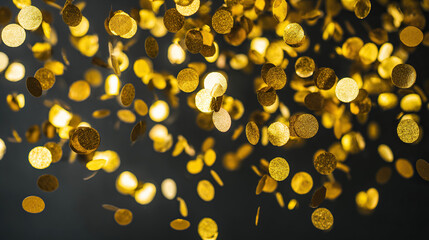 Golden confetti floating in midair against a dark backdrop, capturing a festive and lively moment.