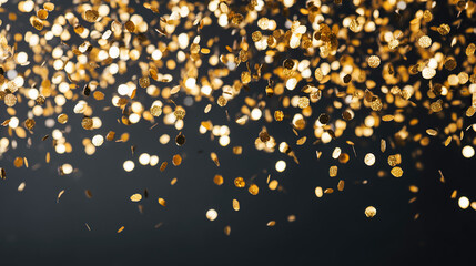 Golden confetti floating in midair against a dark backdrop, capturing a festive and lively moment.