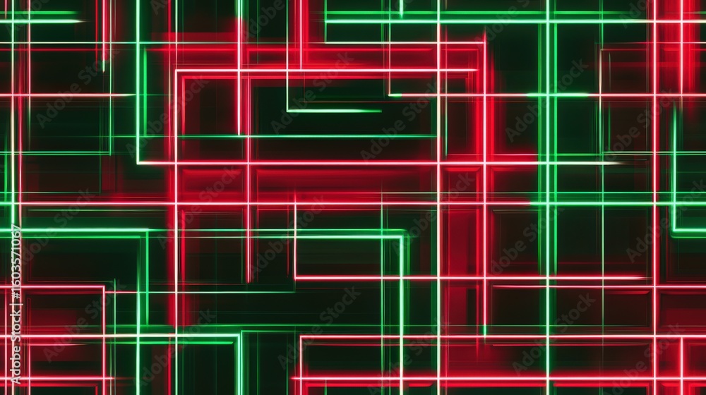 Fototapete abstract geometric letters intersecting with bright red and green neon lines, arranged in a seamless