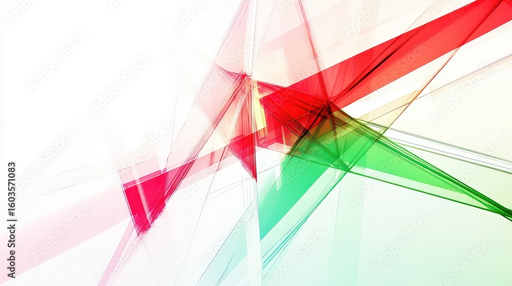 Poster abstract geometric lines intersecting in dynamic angles, bright red and green neon colors glowing vi