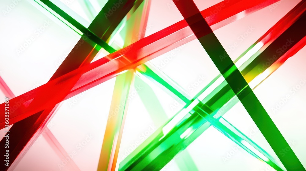 Poster abstract geometric lines intersecting in dynamic angles, bright red and green neon colors glowing vi
