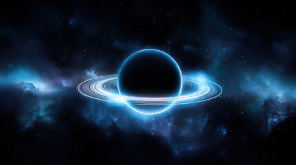 A majestic planet with glowing rings floating in a star-filled cosmic landscape.