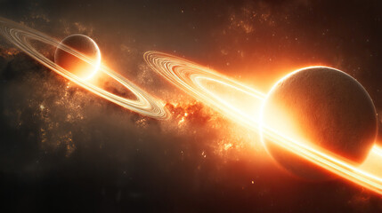 A majestic planet with glowing rings floating in a star-filled cosmic landscape.