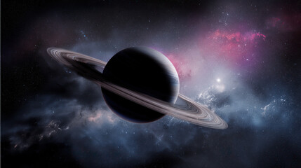 A majestic planet with glowing rings floating in a star-filled cosmic landscape.