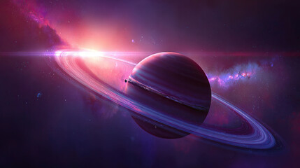 A majestic planet with glowing rings floating in a star-filled cosmic landscape.