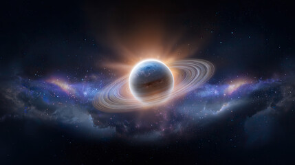 A majestic planet with glowing rings floating in a star-filled cosmic landscape.