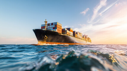 Massive cargo vessel navigating ocean waves under golden sunset, showcasing stacked containers in maritime setting.