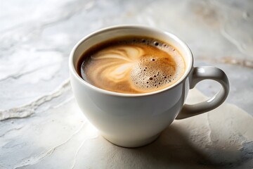 Fototapeta premium A warm mug of frothy coffee with swirling crema sits on a textured marble surface