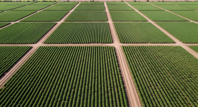 Aerial view of a meticulously planned agricultural field with geometric patterns of green crops separated by brown pathways under bright daylight