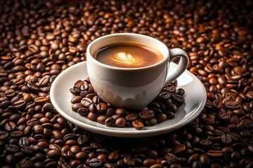 Fototapeta premium Aromatic coffee cup perched on a saucer surrounded by rich roasted coffee beans
