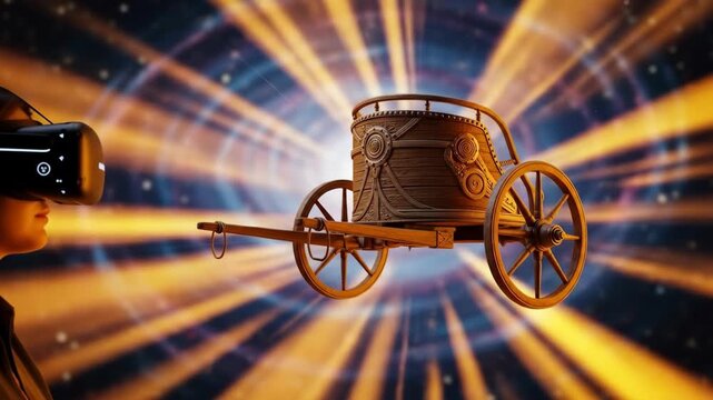 Woman in VR headset experiences ancient chariot in a cosmic virtual reality world.