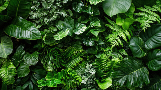A lush, green, tropical jungle with a variety of vibrant green leaves and ferns, creating a vibrant and lush backdrop.