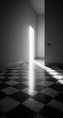 Light streaming through doorway in a dark room