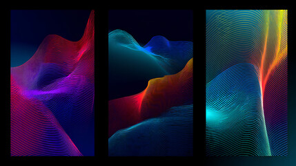 Abstract line wave gradient poster background vector set. Minimalist cover template with vibrant perspective line wave in motion. Ideal design for social media, cover, banner, flyer, music, ads. Stock