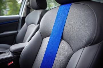 Close-up of car seat with blue seatbelt