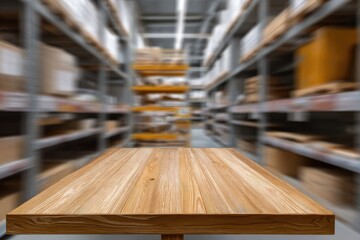 Wooden table top inside a blurred warehouse