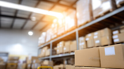 Neatly arranged boxes on warehouse shelves with soft overhead lighting and a blurred background.