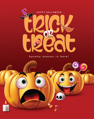 Halloween party text vector design. Halloween trick or treat kids party invitation card with funny face pumpkins cartoon characters and horror elements in scary orange background. Vector illustration 
