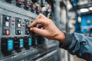 A hand adjusts a control switch on an industrial electrical control panel with various buttons and indicators.