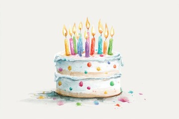 A colorful watercolor painting of a birthday cake with white frosting, multicolored sprinkles, and lit candles in various colors.