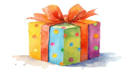 Obraz premium A colorful watercolor painting of a gift box decorated with polka dots and topped with an orange bow.