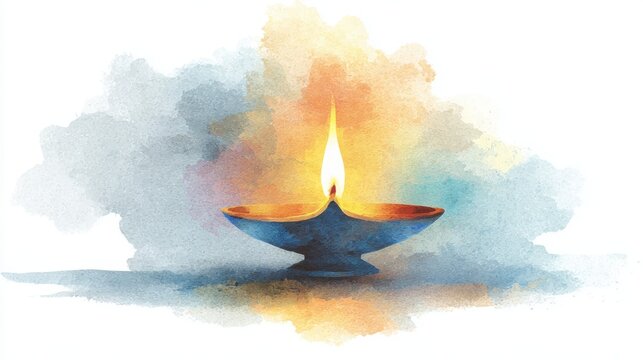 A glowing oil lamp with a bright flame illuminates a serene, colorful background in a soft watercolor style.