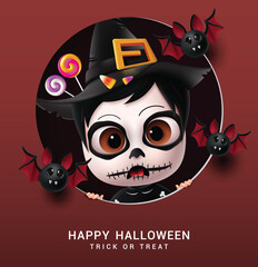 Halloween witch character vector design. Halloween greeting text with spooky witch character wearing black hat costume, holding black board elements in scary orange background. Vector illustration 