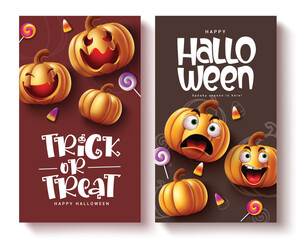Trick or treat tags vector set poster design. Happy halloween greeting text with funny and scary facial expressions lantern pumpkins for holiday invitation card collection. Vector illustration horror 